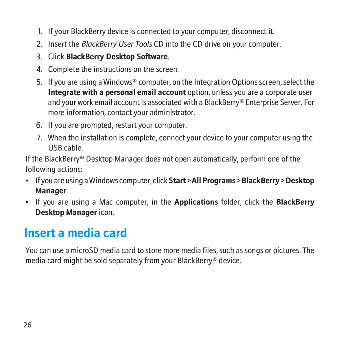 Blackberry 8500 manual Insert a media card, Click BlackBerry Desktop Software 