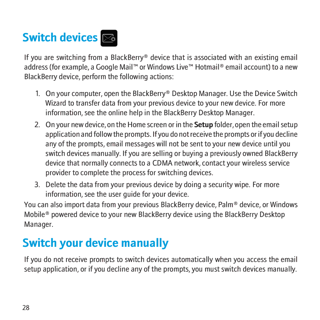 Blackberry 8500 Switch devices, Switch your device manually 