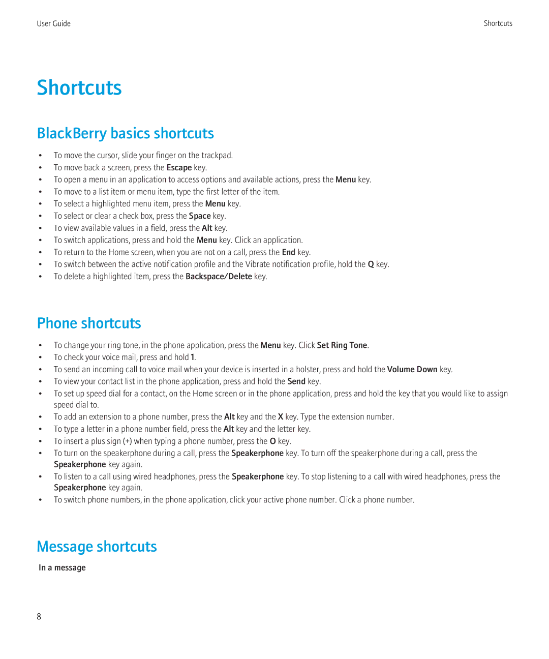 Blackberry 8520 manual Shortcuts, BlackBerry basics shortcuts, Phone shortcuts, Message shortcuts 