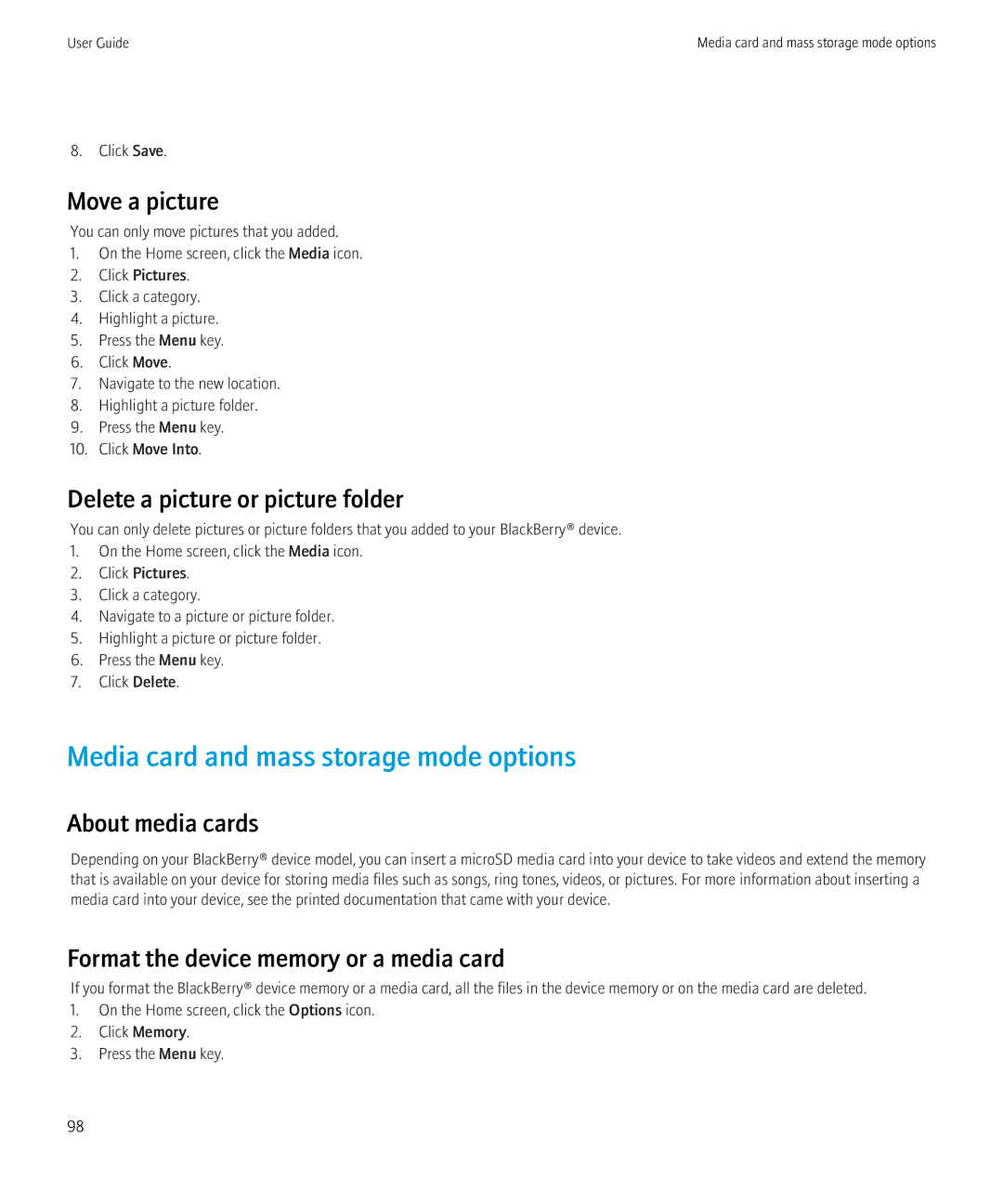 Blackberry 8520 manual Media card and mass storage mode options, Move a picture, Delete a picture or picture folder 