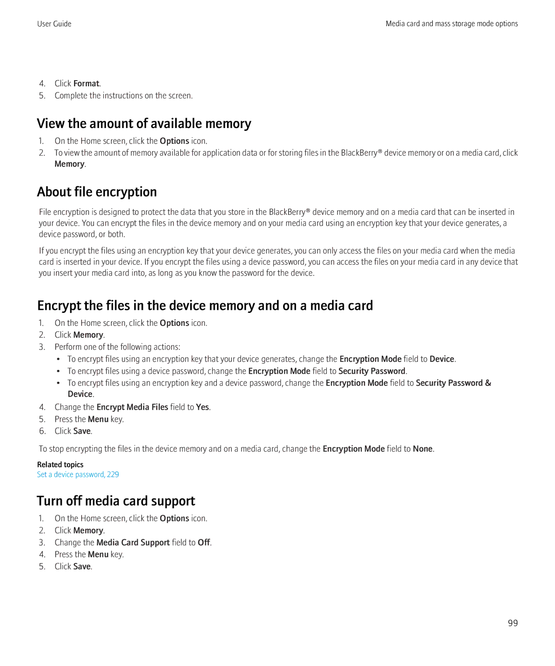 Blackberry 8520 manual View the amount of available memory, About file encryption, Turn off media card support 