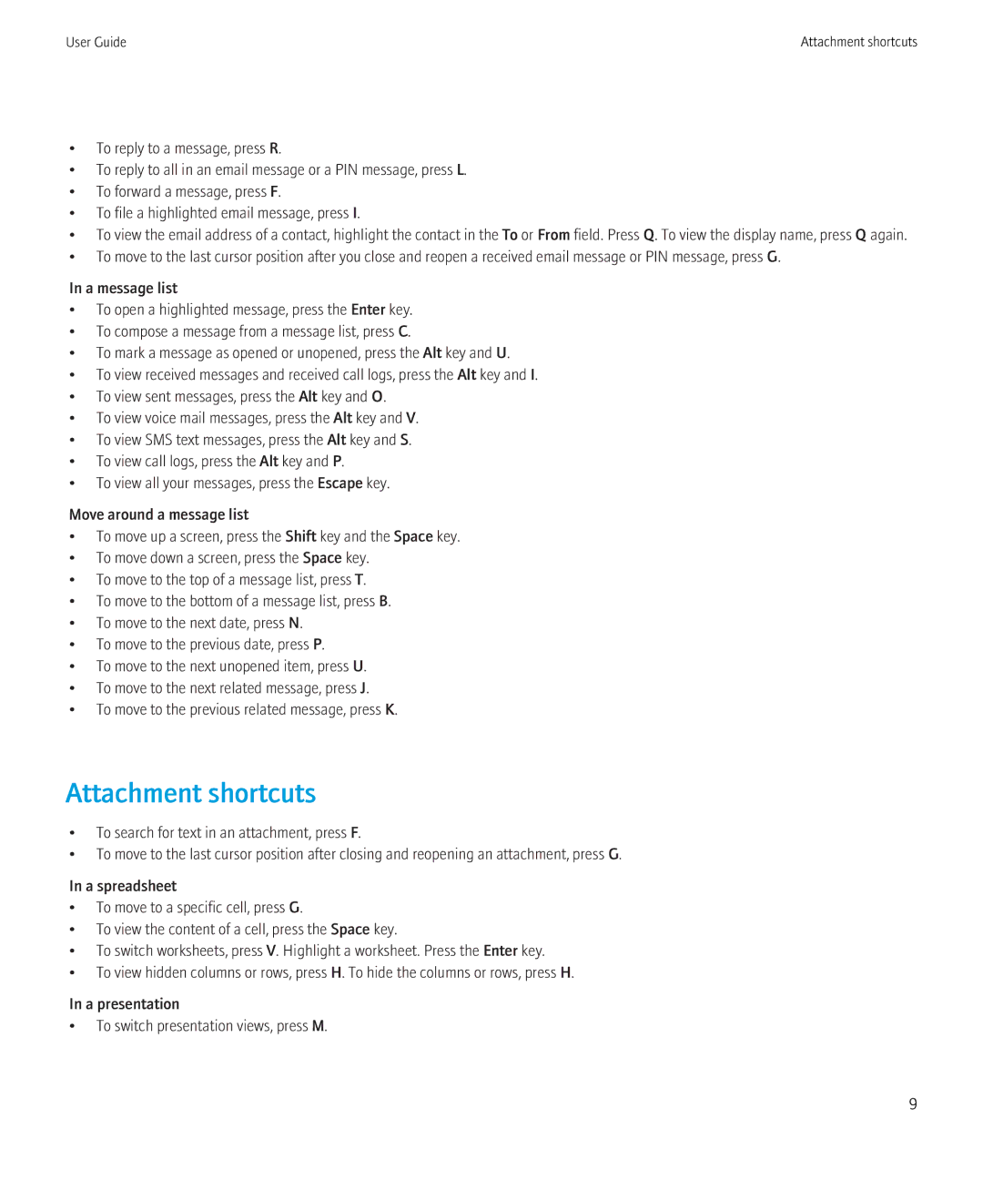 Blackberry 8520 manual Attachment shortcuts 