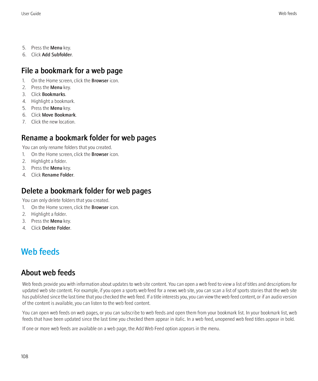 Blackberry 8520 manual Web feeds, File a bookmark for a web, Rename a bookmark folder for web pages, About web feeds 