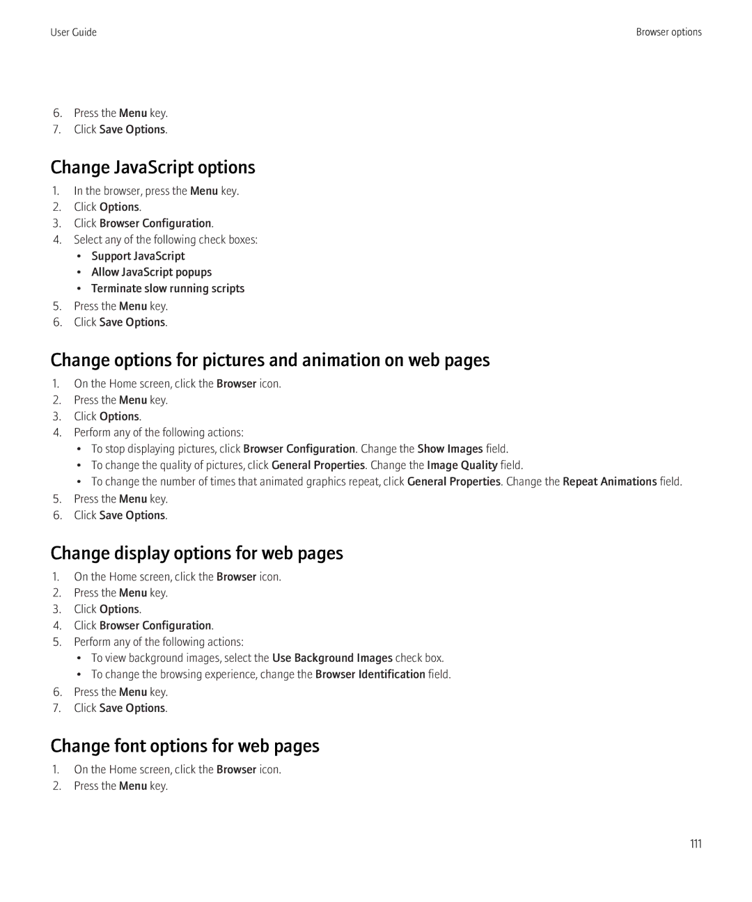 Blackberry 8520 manual Change JavaScript options, Change options for pictures and animation on web pages 