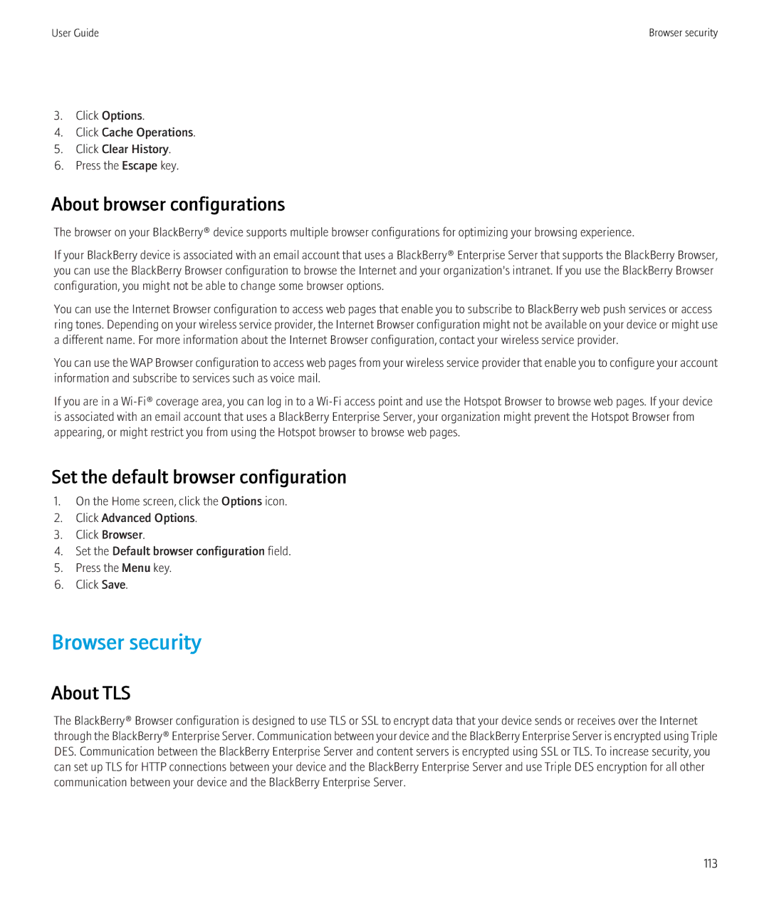 Blackberry 8520 manual Browser security, About browser configurations, Set the default browser configuration, About TLS 