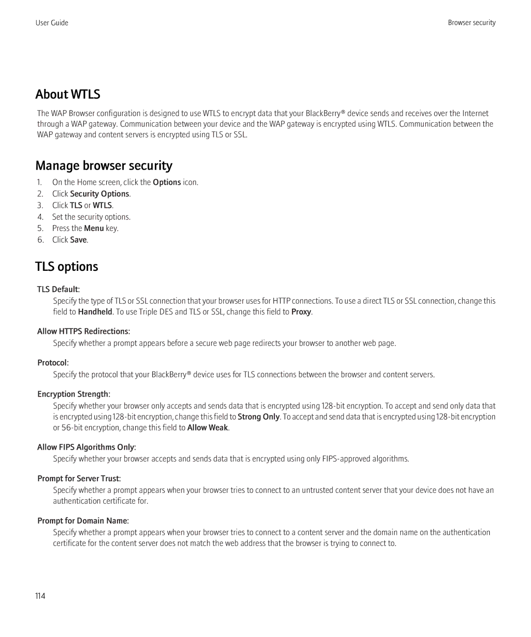 Blackberry 8520 manual About Wtls, Manage browser security, TLS options 