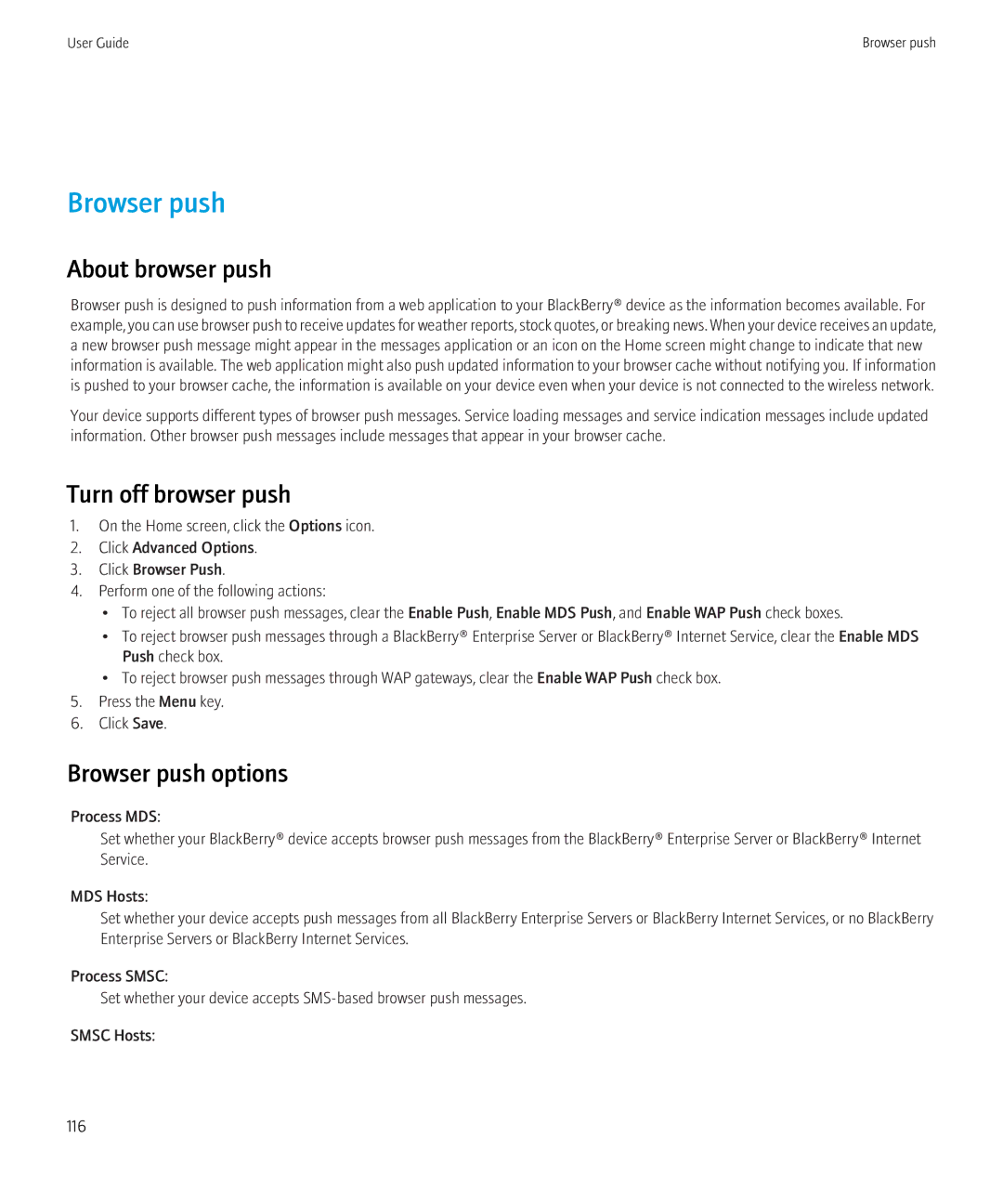 Blackberry 8520 manual About browser push, Turn off browser push, Browser push options 