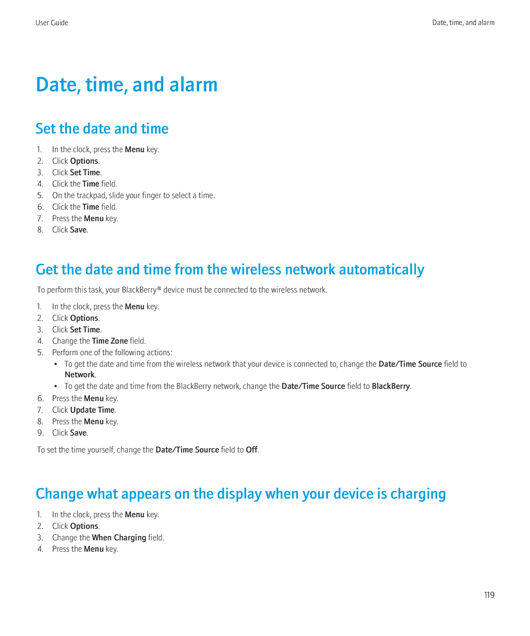 Blackberry 8520 manual Date, time, and alarm, Set the date and time 