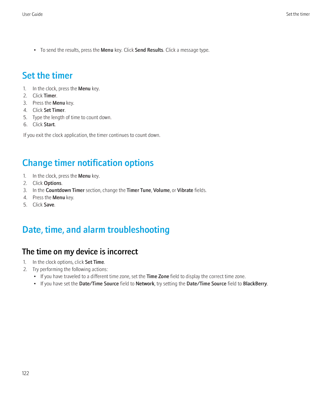 Blackberry 8520 manual Set the timer, Change timer notification options, Date, time, and alarm troubleshooting 