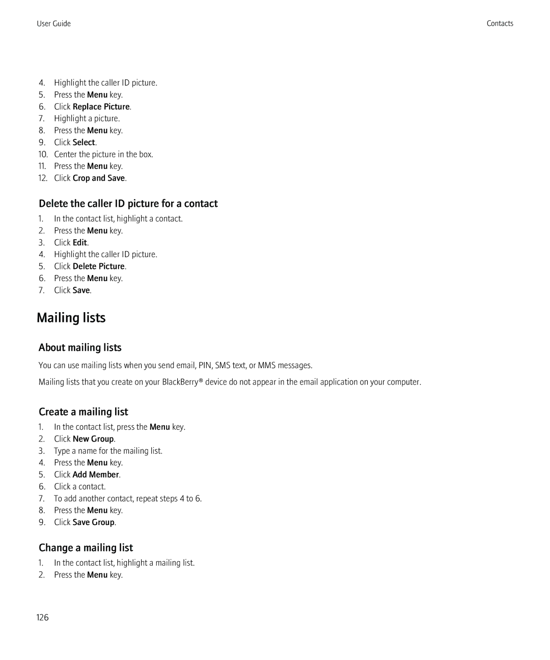 Blackberry 8520 Mailing lists, Delete the caller ID picture for a contact, About mailing lists, Create a mailing list 
