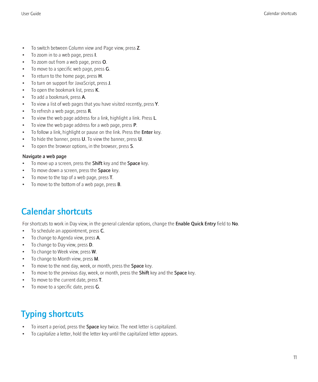 Blackberry 8520 manual Calendar shortcuts, Typing shortcuts 