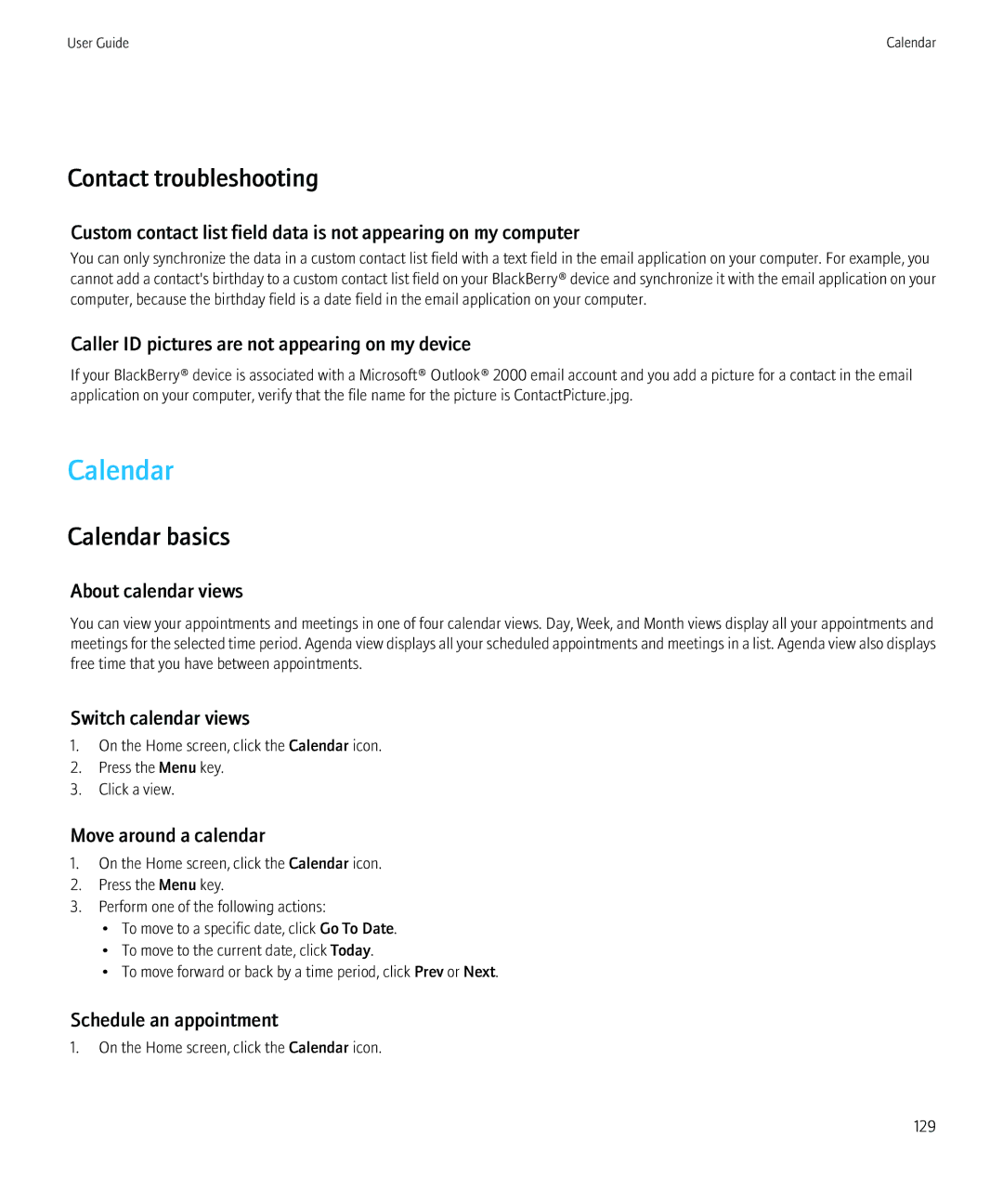 Blackberry 8520 manual Contact troubleshooting, Calendar basics 