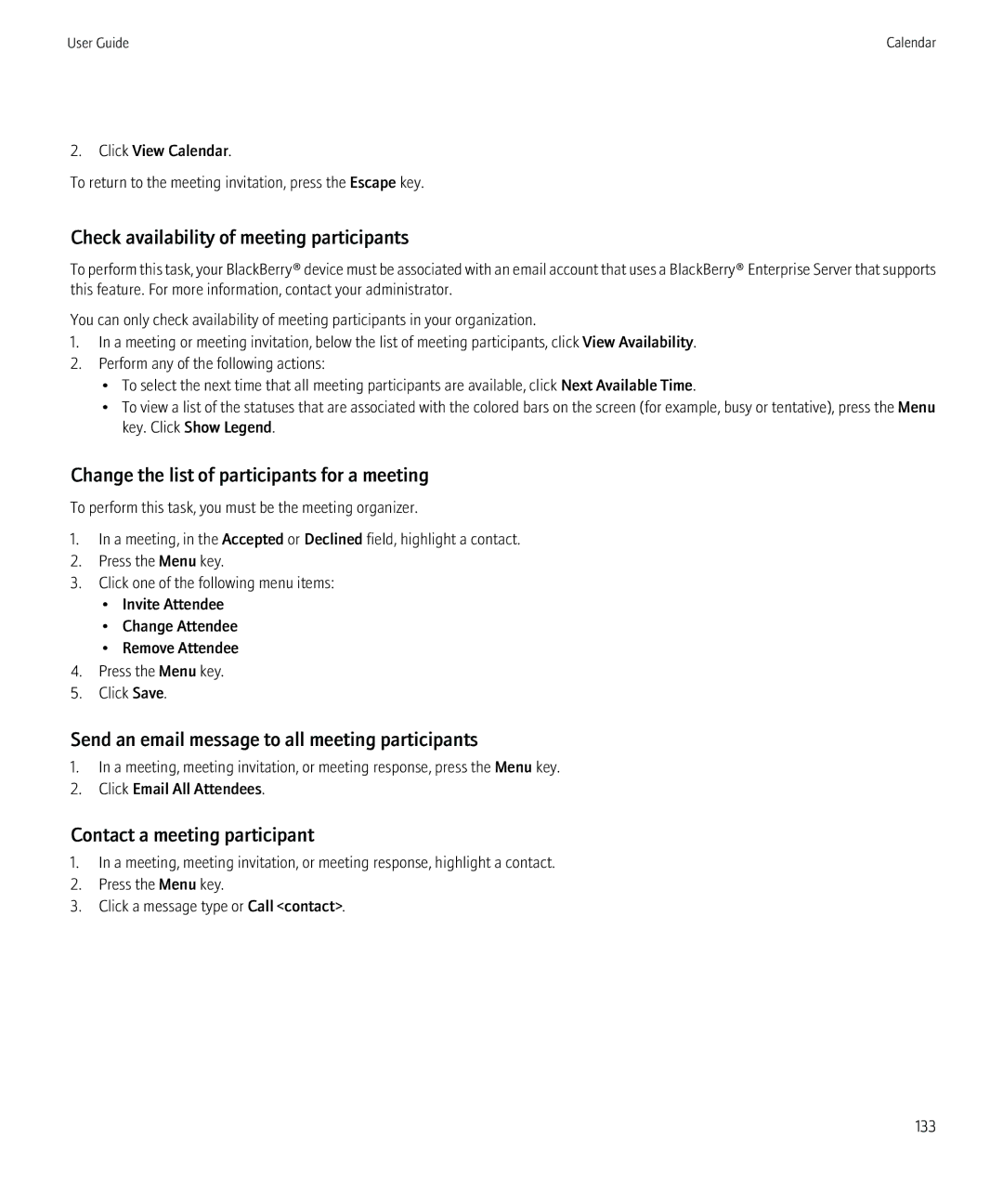 Blackberry 8520 manual Check availability of meeting participants, Change the list of participants for a meeting 