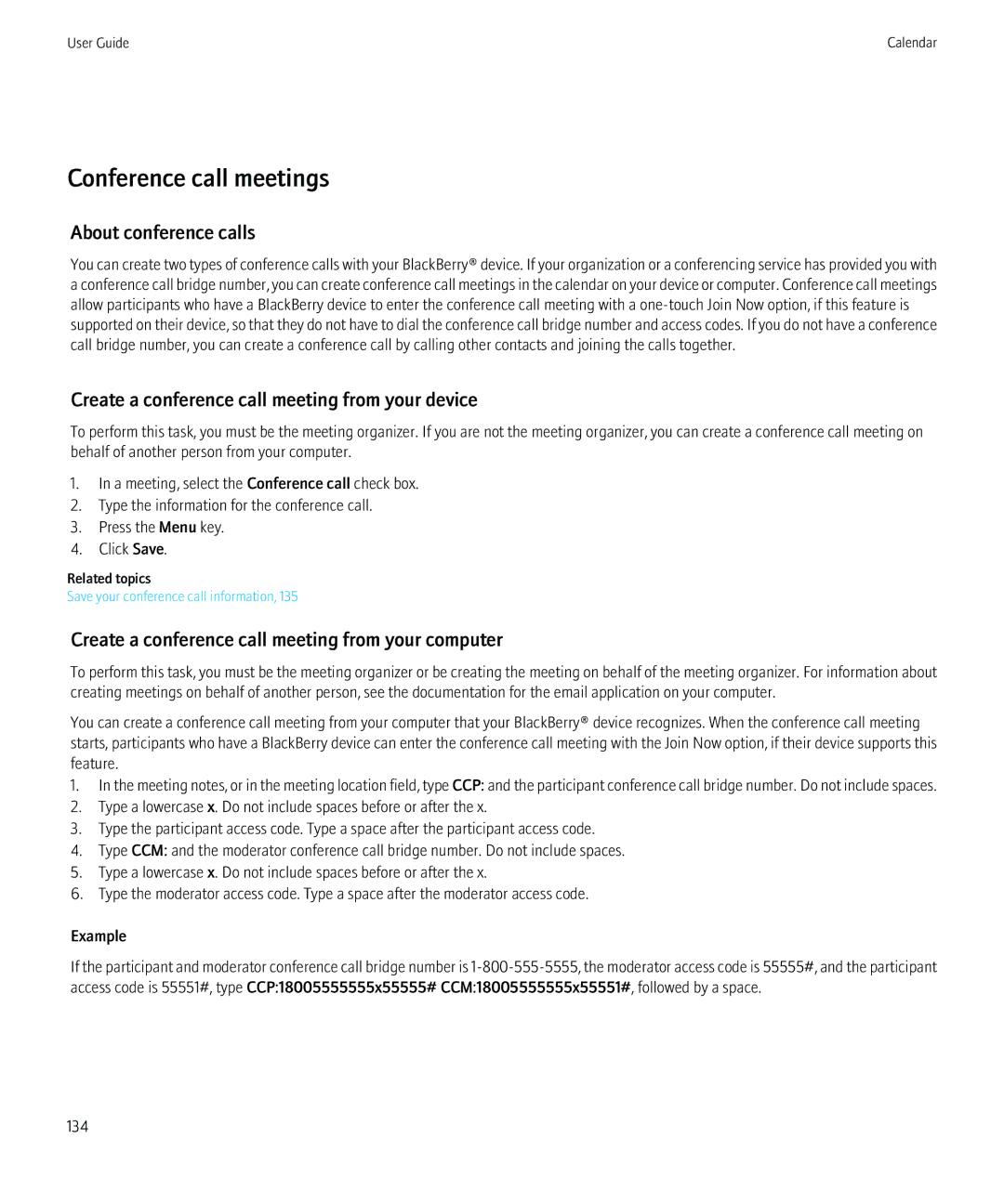 Blackberry 8520 manual Conference call meetings, About conference calls, Create a conference call meeting from your device 