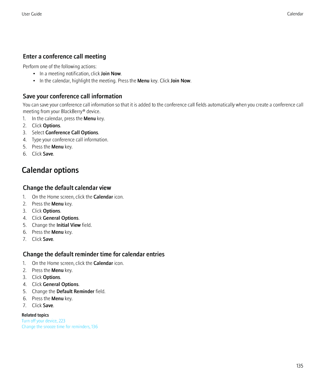 Blackberry 8520 manual Calendar options, Enter a conference call meeting, Save your conference call information 