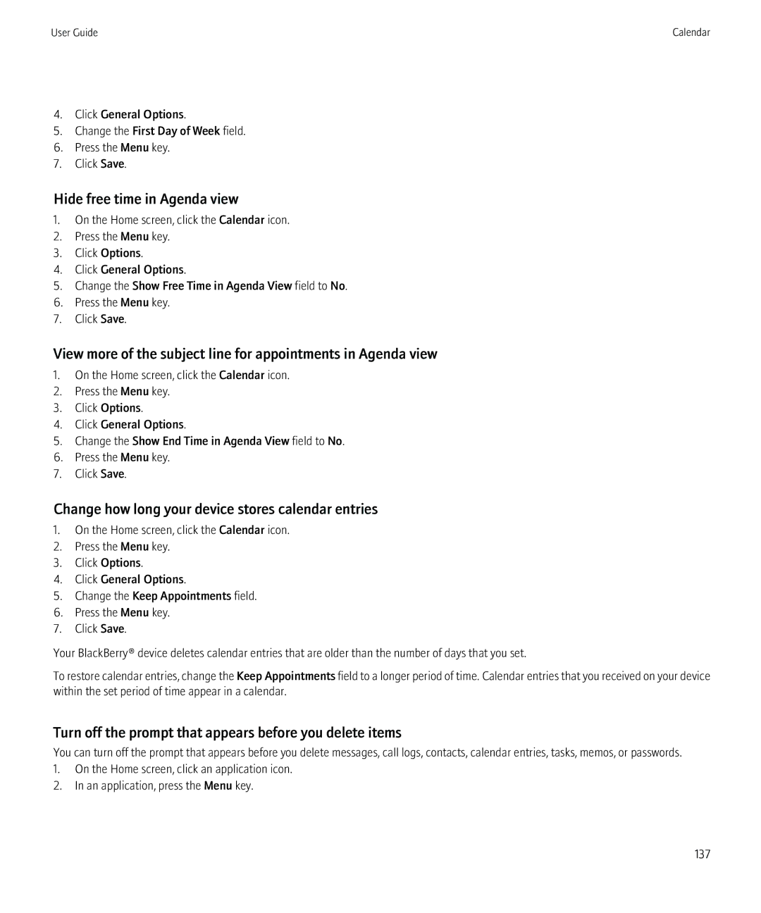 Blackberry 8520 manual Hide free time in Agenda view, Change how long your device stores calendar entries 