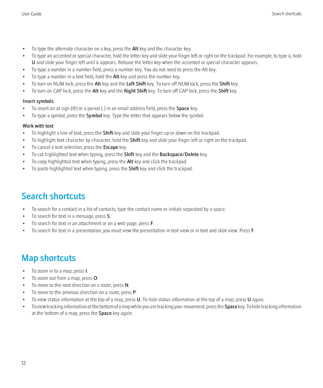 Blackberry 8520 manual Search shortcuts, Map shortcuts 