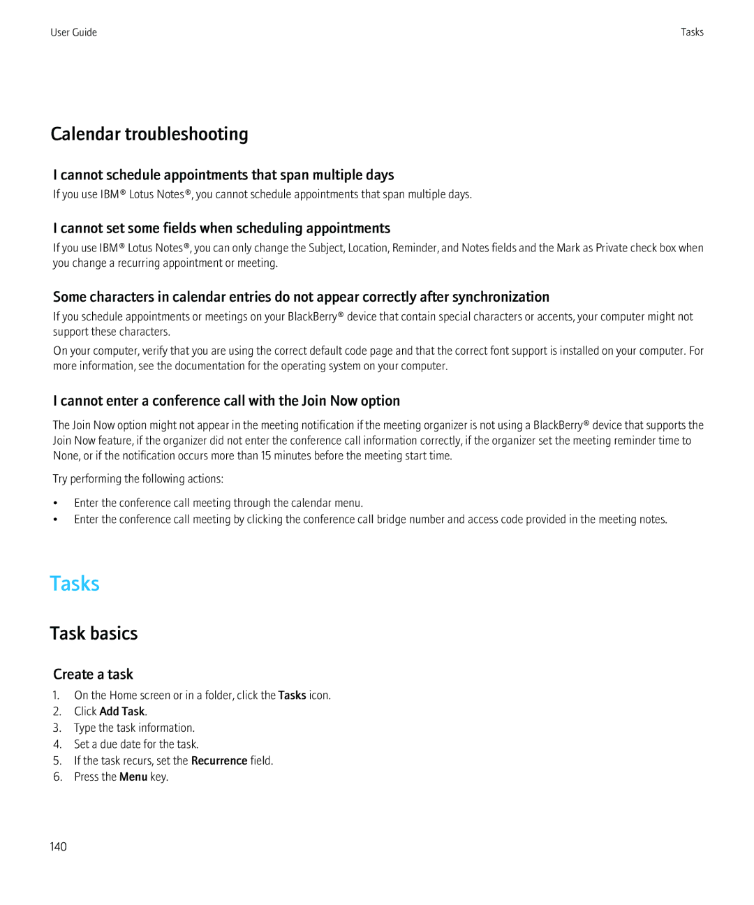 Blackberry 8520 manual Tasks, Calendar troubleshooting, Task basics 