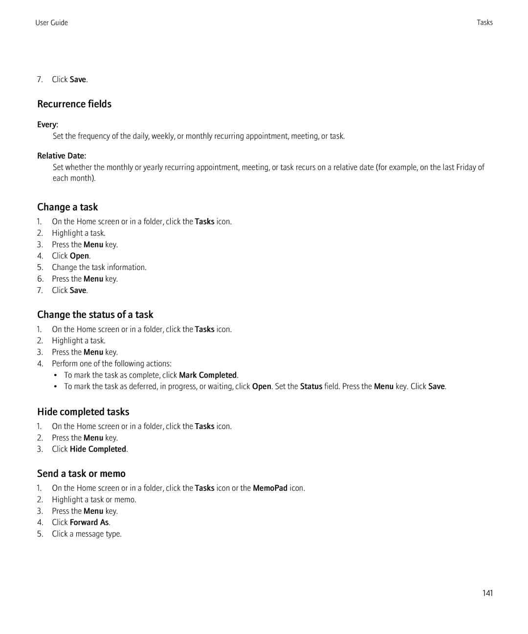 Blackberry 8520 manual Change a task, Change the status of a task, Hide completed tasks, Send a task or memo 