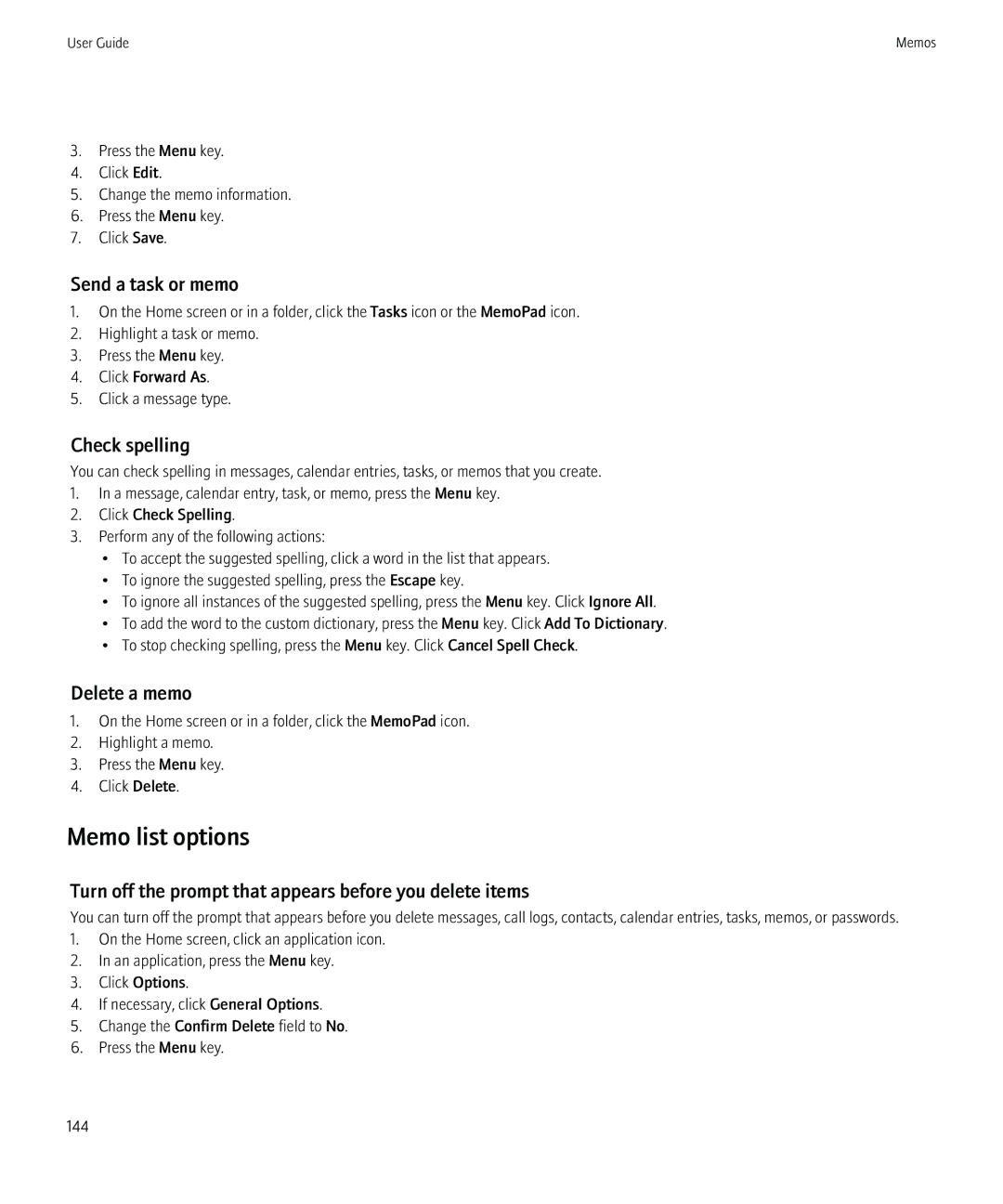 Blackberry 8520 manual Memo list options, Delete a memo 