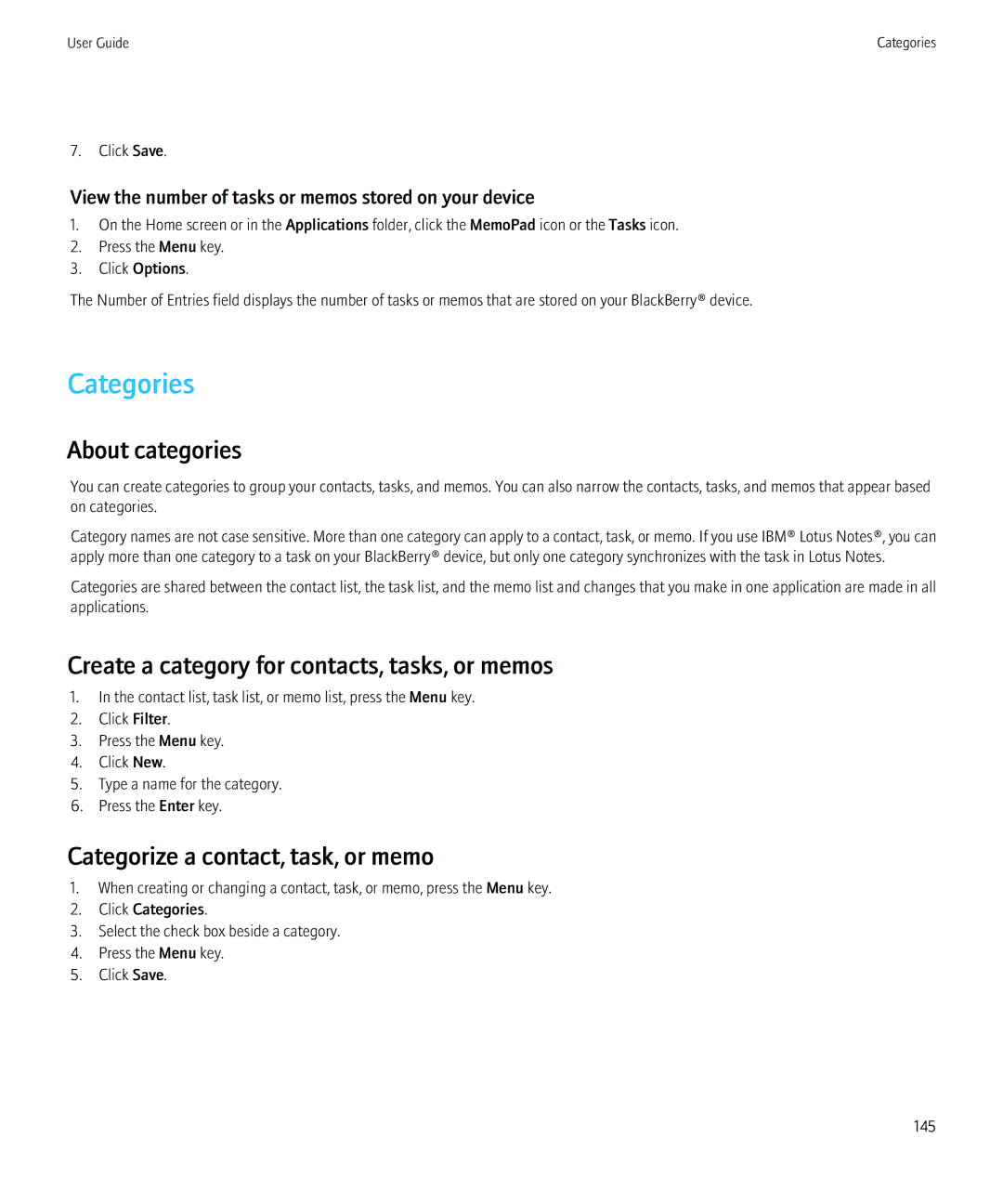 Blackberry 8520 manual Categories, About categories, Create a category for contacts, tasks, or memos 