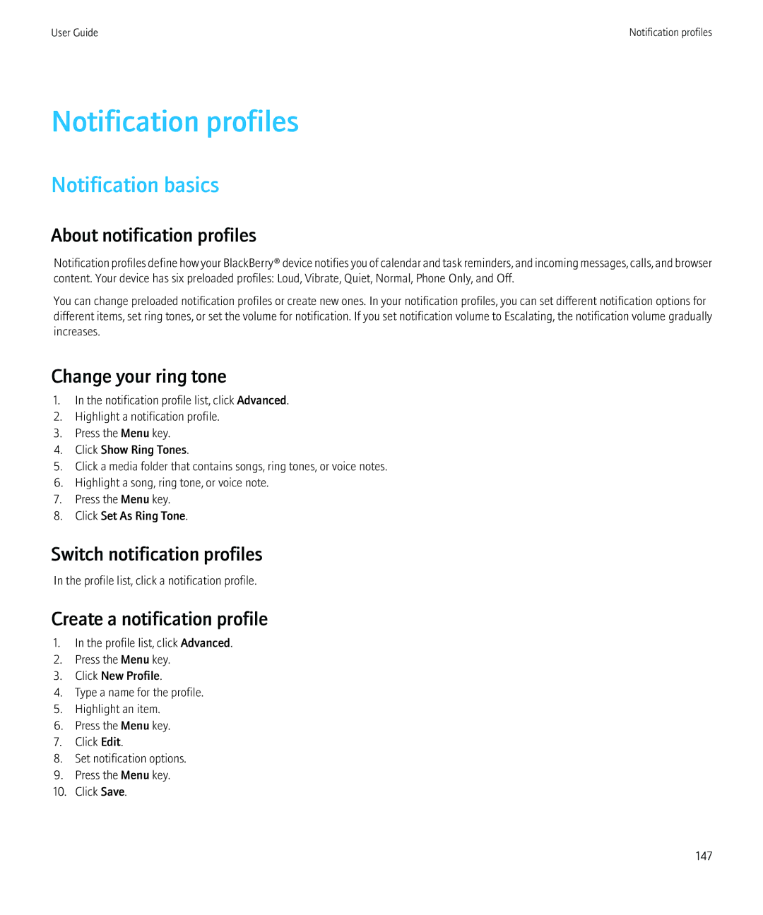 Blackberry 8520 manual Notification profiles, Notification basics 