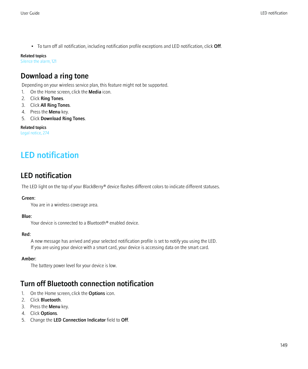 Blackberry 8520 manual LED notification, Turn off Bluetooth connection notification 