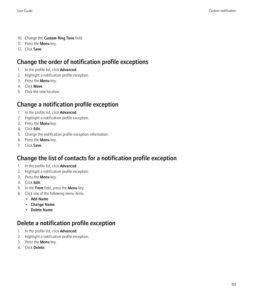 Blackberry 8520 manual Change the order of notification profile exceptions, Change a notification profile exception 