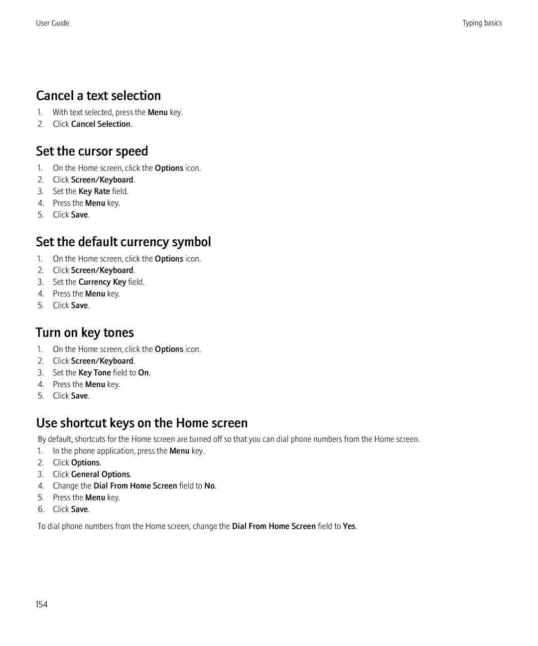 Blackberry 8520 manual Cancel a text selection, Set the cursor speed, Set the default currency symbol, Turn on key tones 