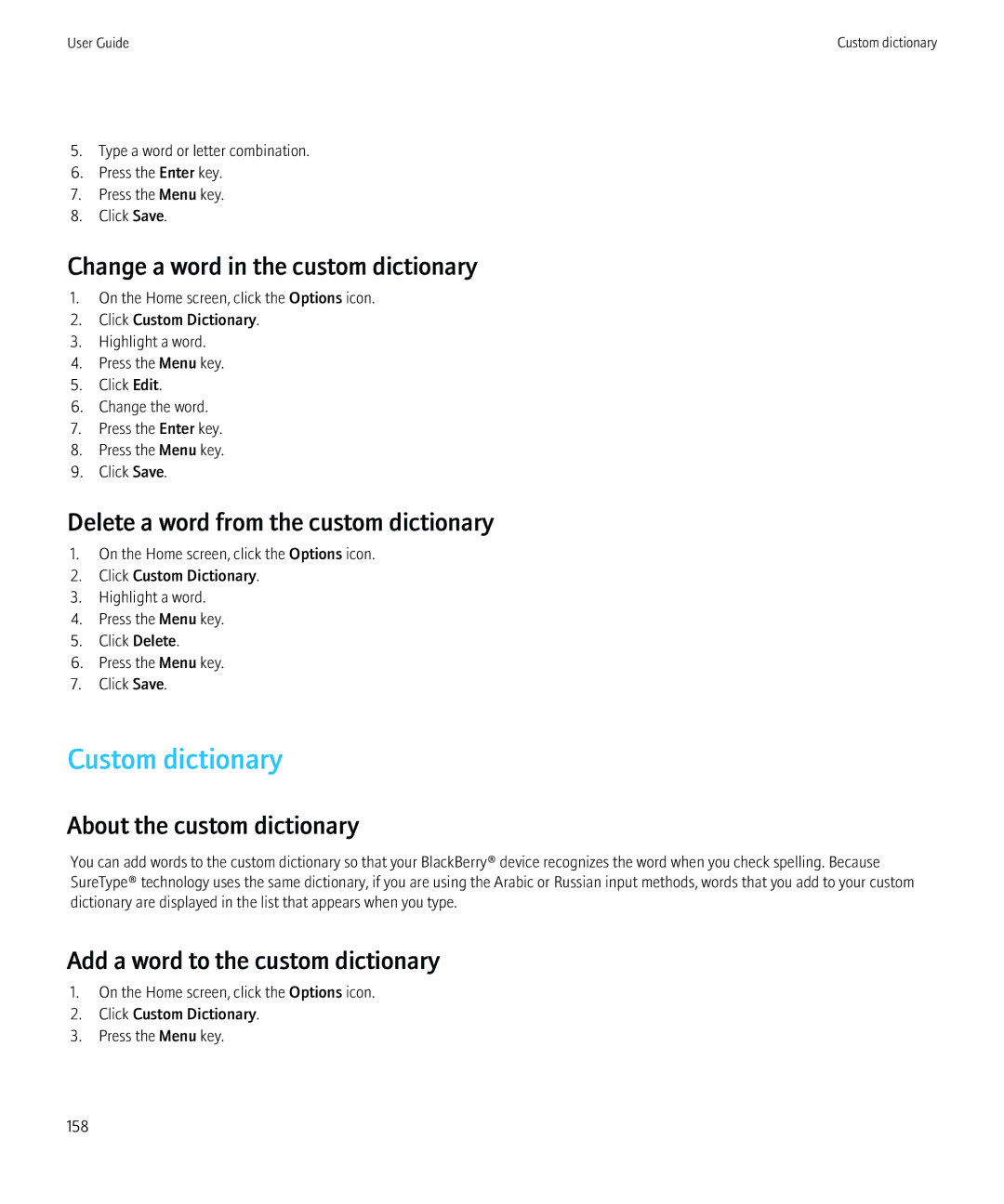 Blackberry 8520 manual Custom dictionary, Change a word in the custom dictionary, Delete a word from the custom dictionary 