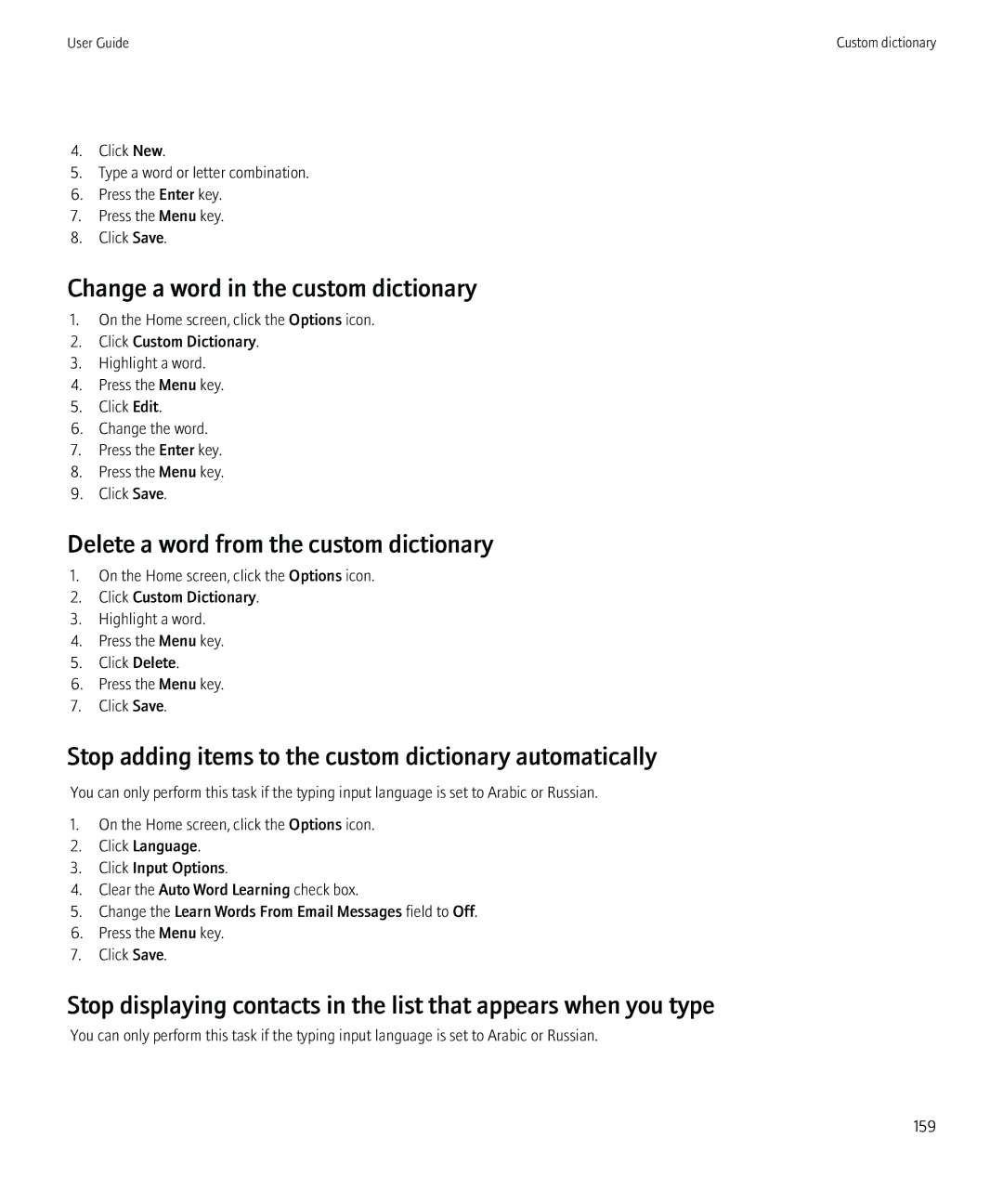 Blackberry 8520 manual Stop adding items to the custom dictionary automatically 