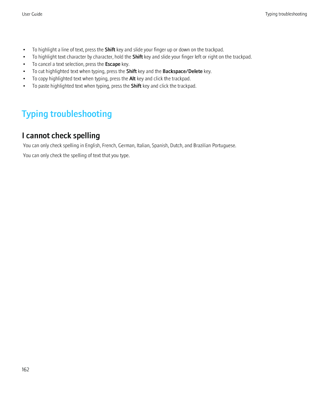 Blackberry 8520 manual Typing troubleshooting, Cannot check spelling 