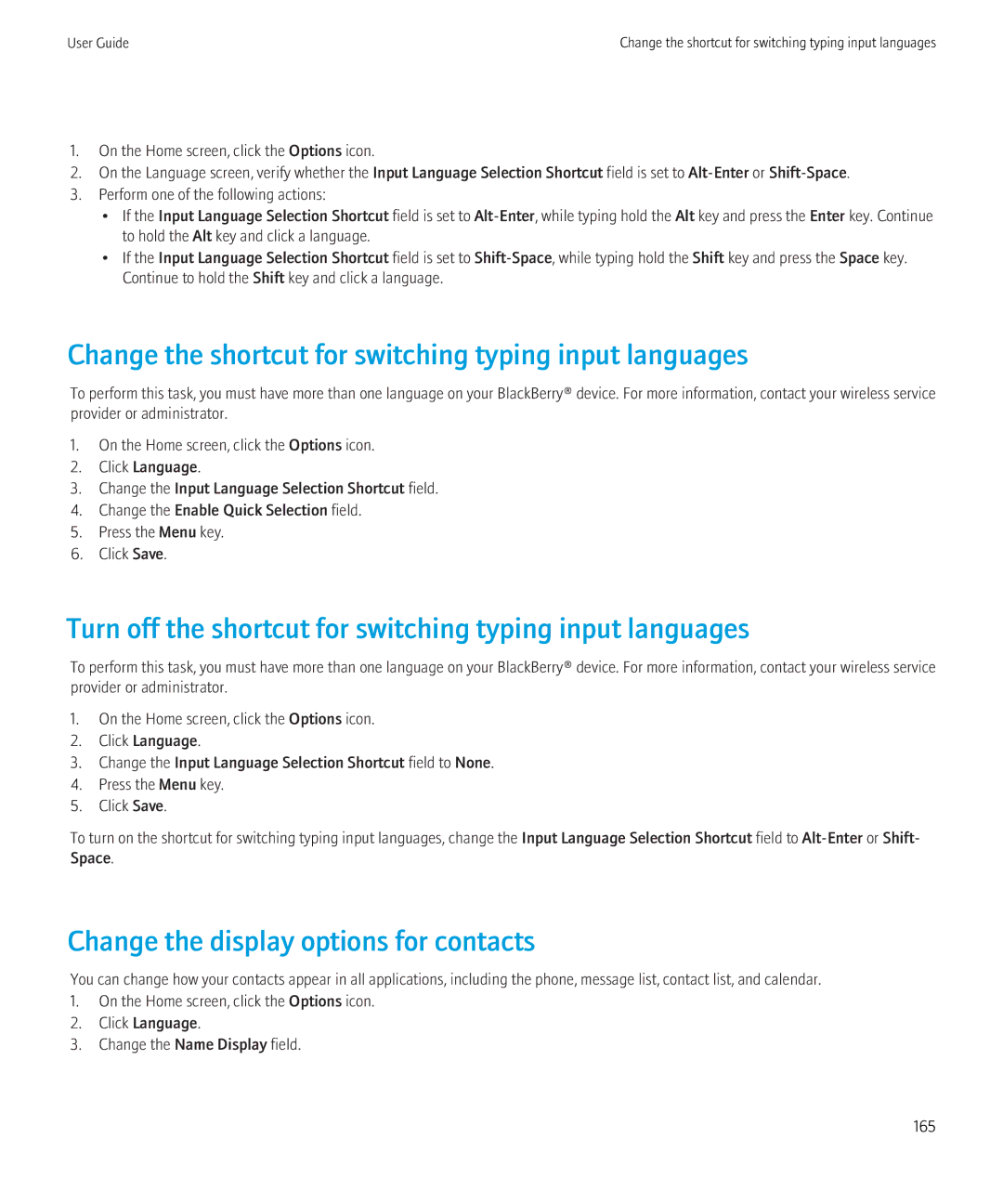 Blackberry 8520 manual Change the shortcut for switching typing input languages, Change the display options for contacts 