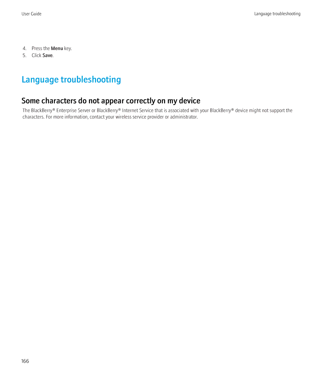 Blackberry 8520 manual Language troubleshooting, Some characters do not appear correctly on my device 