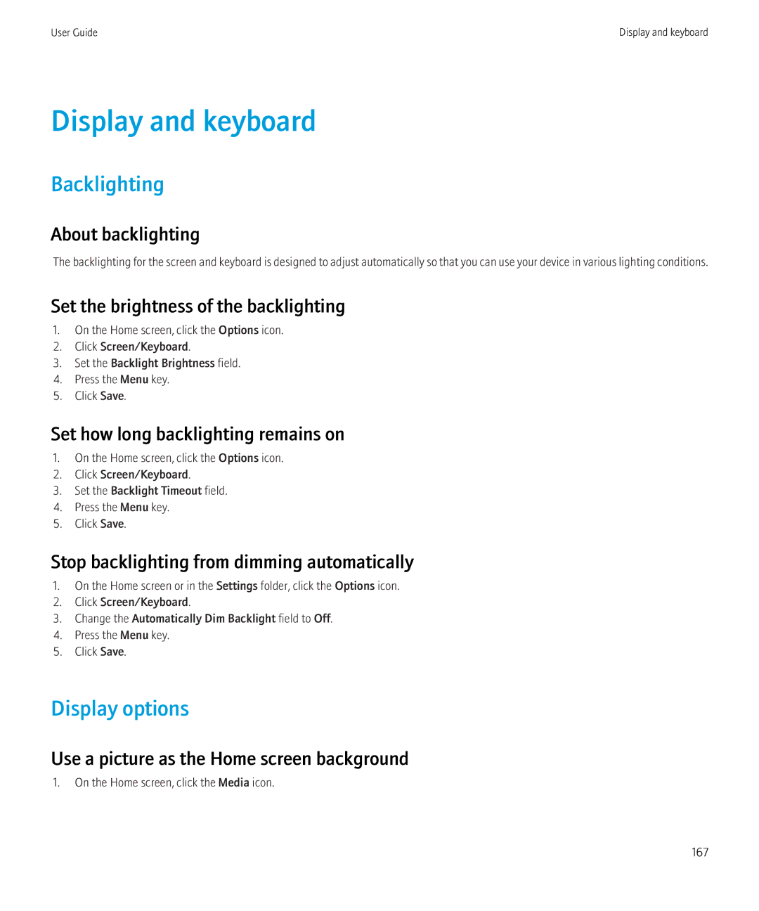 Blackberry 8520 manual Display and keyboard, Backlighting, Display options 