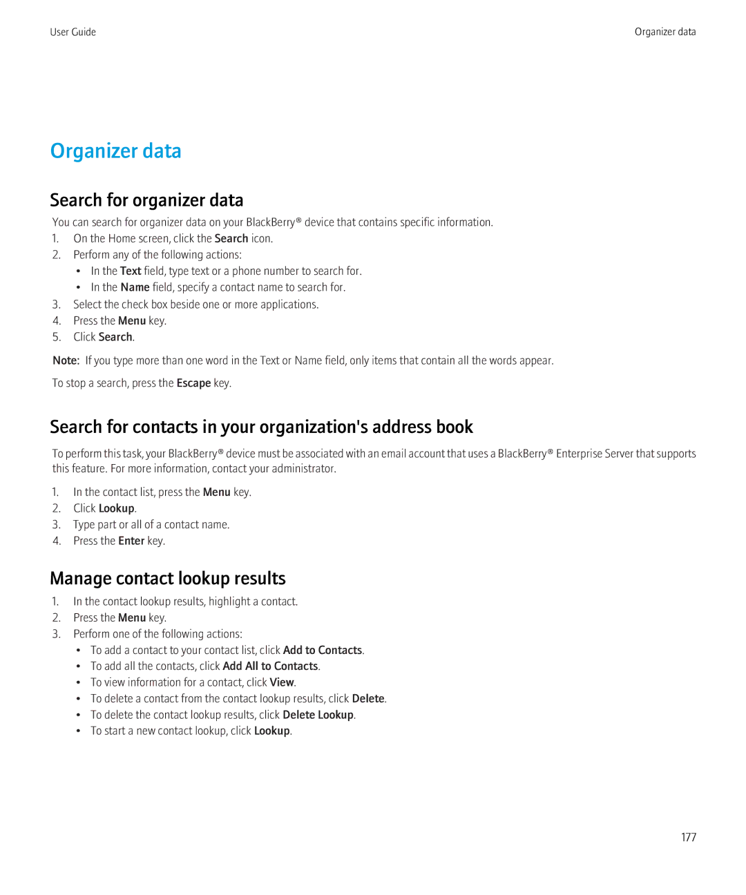 Blackberry 8520 manual Organizer data, Search for organizer data, Search for contacts in your organizations address book 