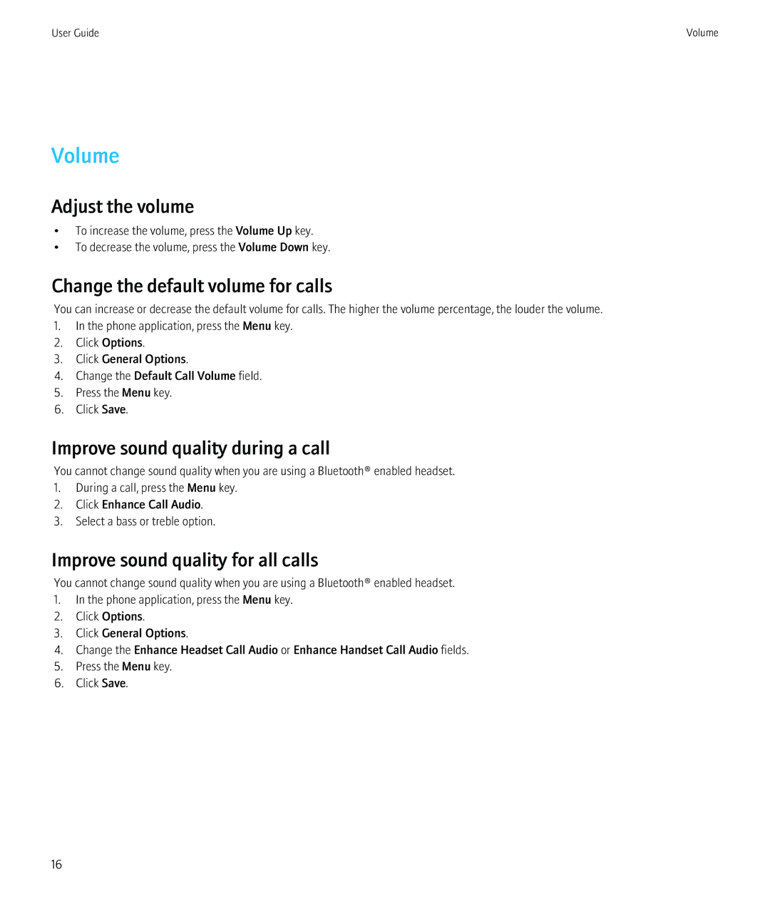 Blackberry 8520 manual Volume, Adjust the volume, Change the default volume for calls, Improve sound quality during a call 
