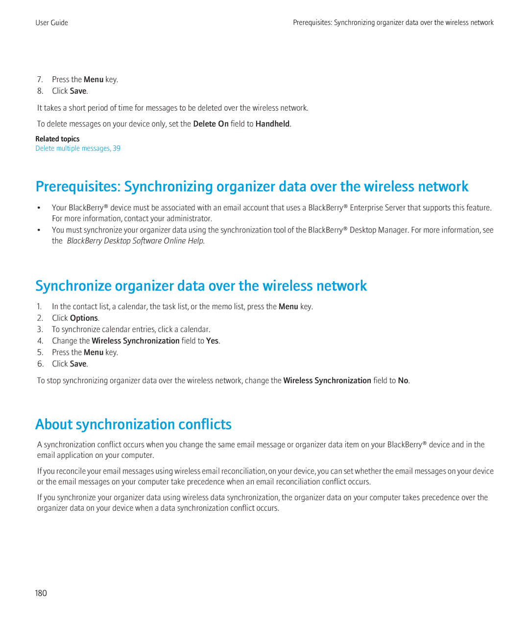 Blackberry 8520 manual Synchronize organizer data over the wireless network, About synchronization conflicts 