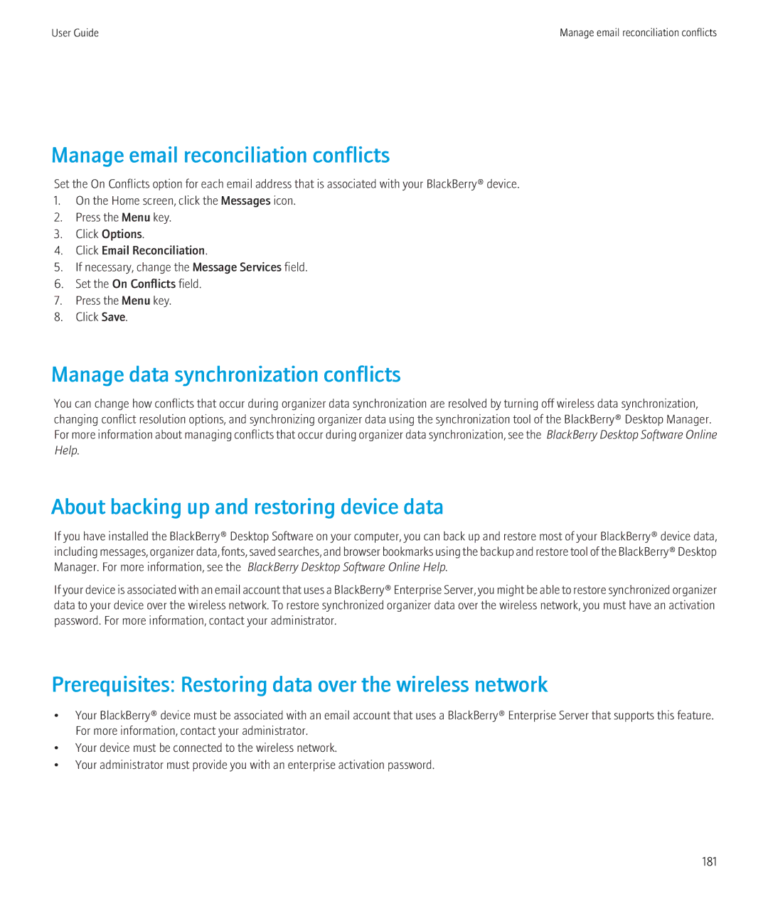 Blackberry 8520 manual Manage email reconciliation conflicts, Manage data synchronization conflicts 
