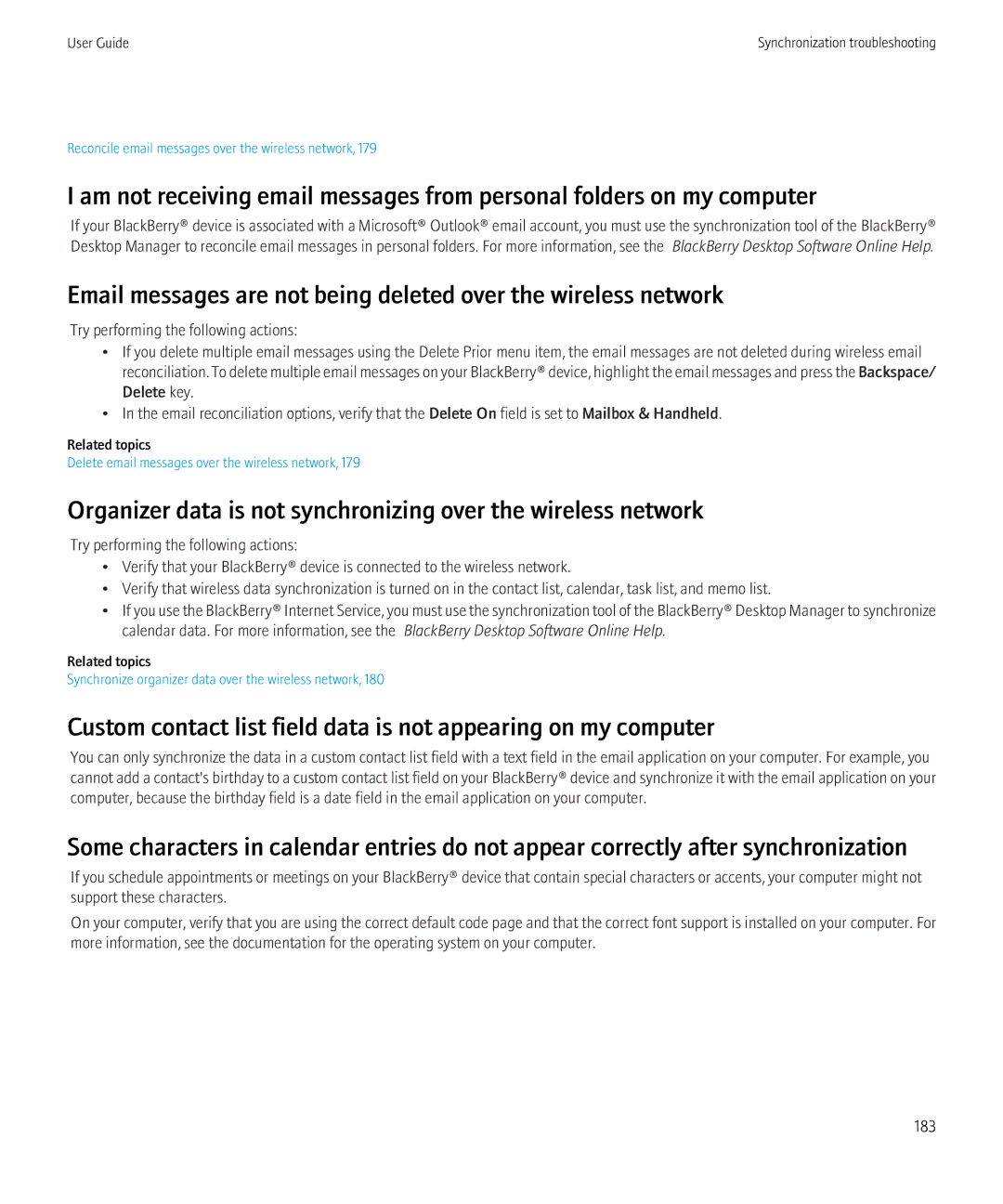 Blackberry 8520 manual Delete email messages over the wireless network 