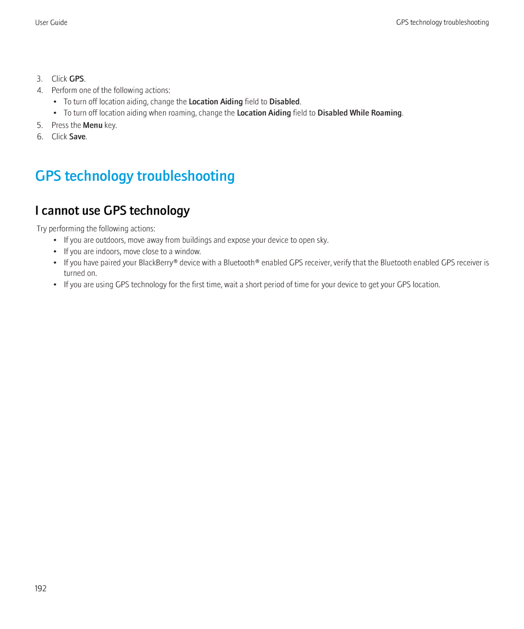 Blackberry 8520 manual GPS technology troubleshooting, Cannot use GPS technology 