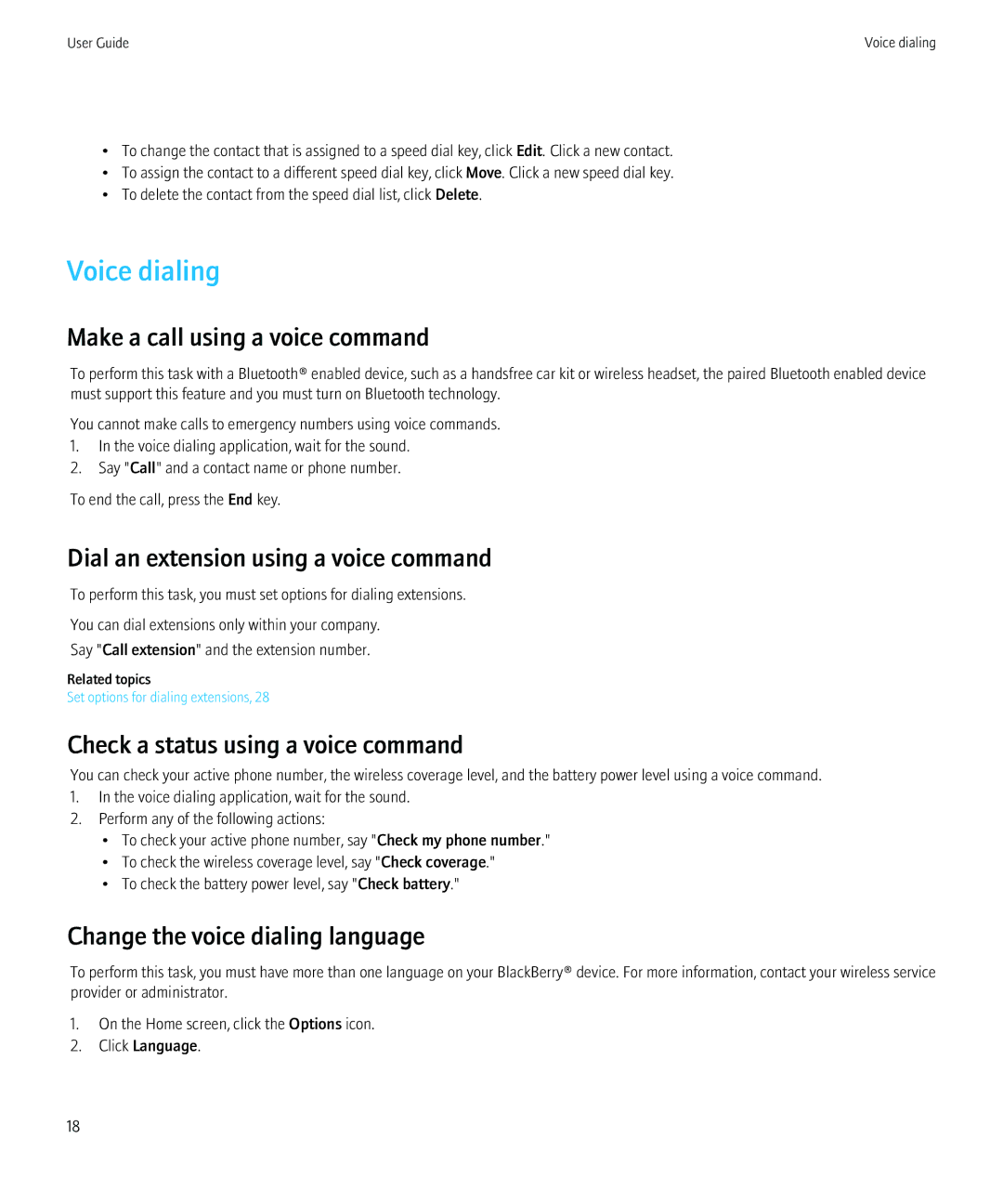 Blackberry 8520 manual Voice dialing, Make a call using a voice command, Dial an extension using a voice command 