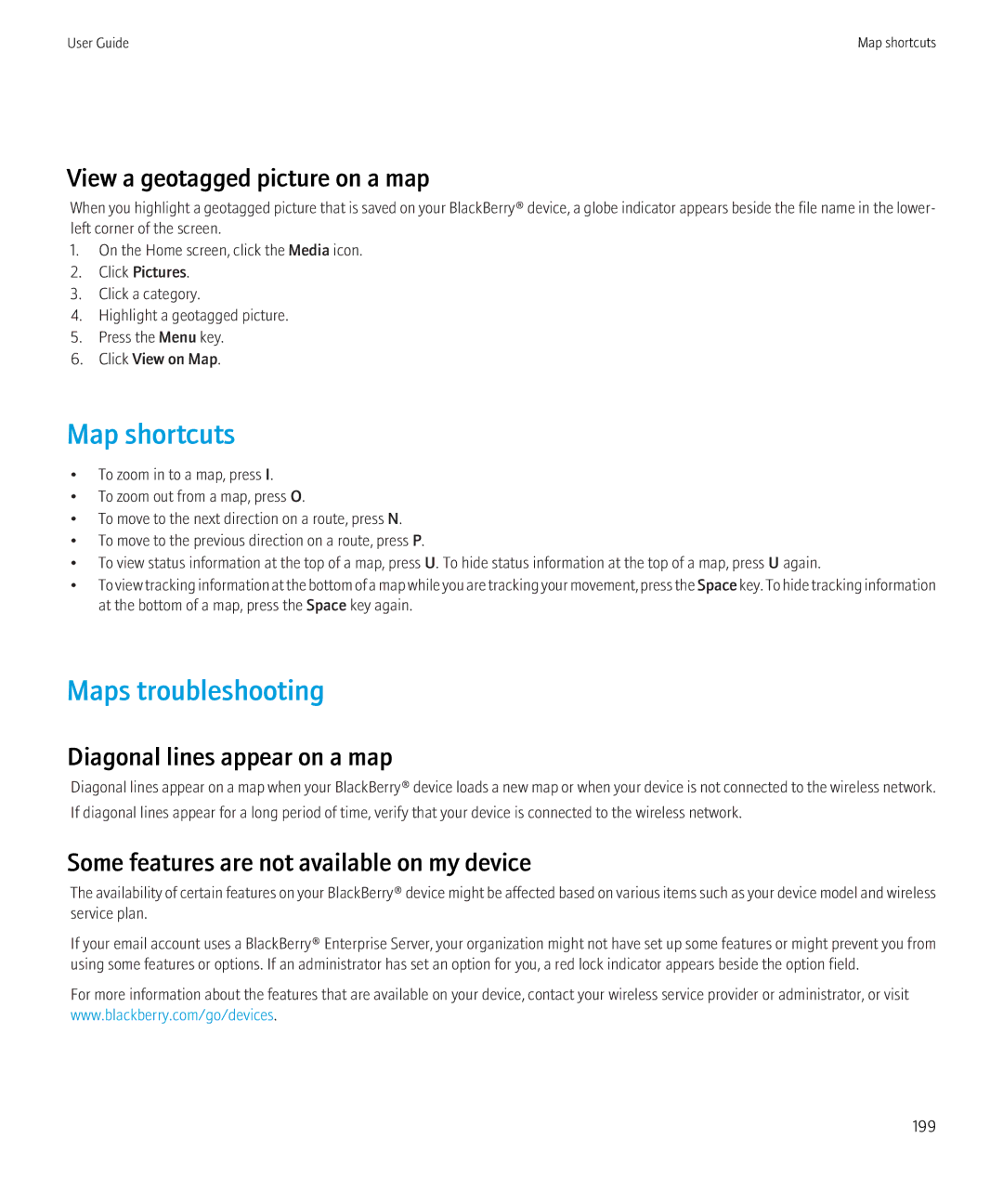 Blackberry 8520 manual Maps troubleshooting, View a geotagged picture on a map, Diagonal lines appear on a map 