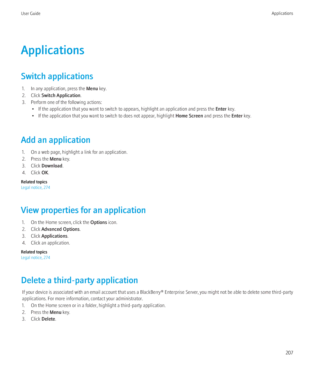 Blackberry 8520 manual Applications, Switch applications, Add an application, View properties for an application 