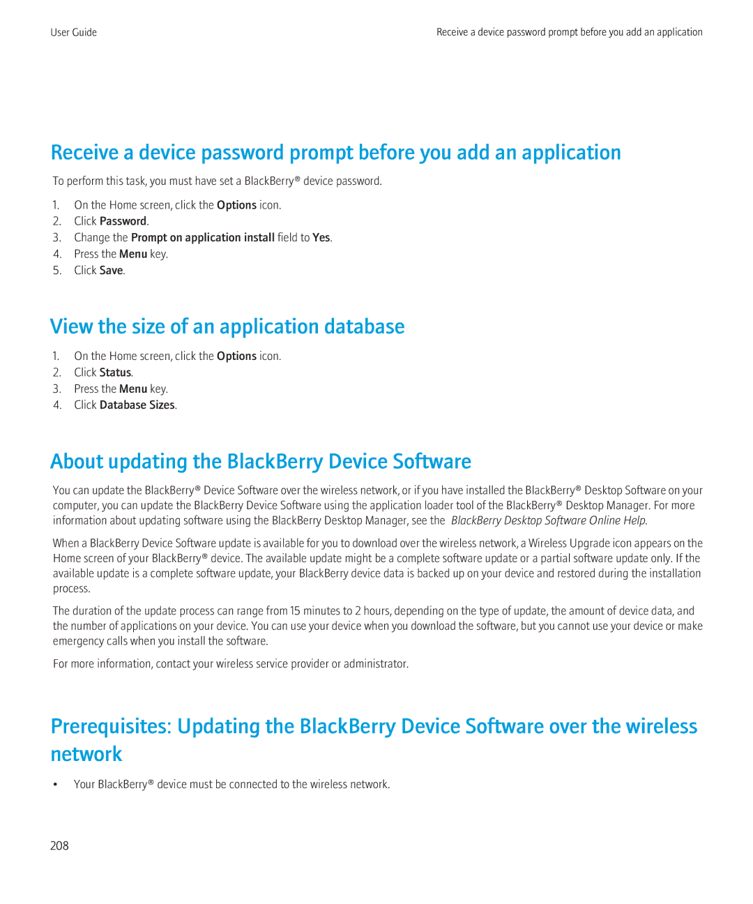 Blackberry 8520 manual View the size of an application database, About updating the BlackBerry Device Software 