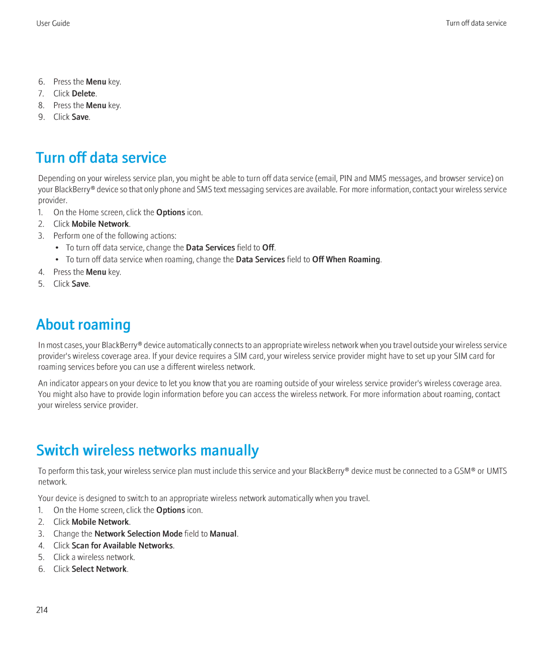 Blackberry 8520 Turn off data service, About roaming, Switch wireless networks manually 