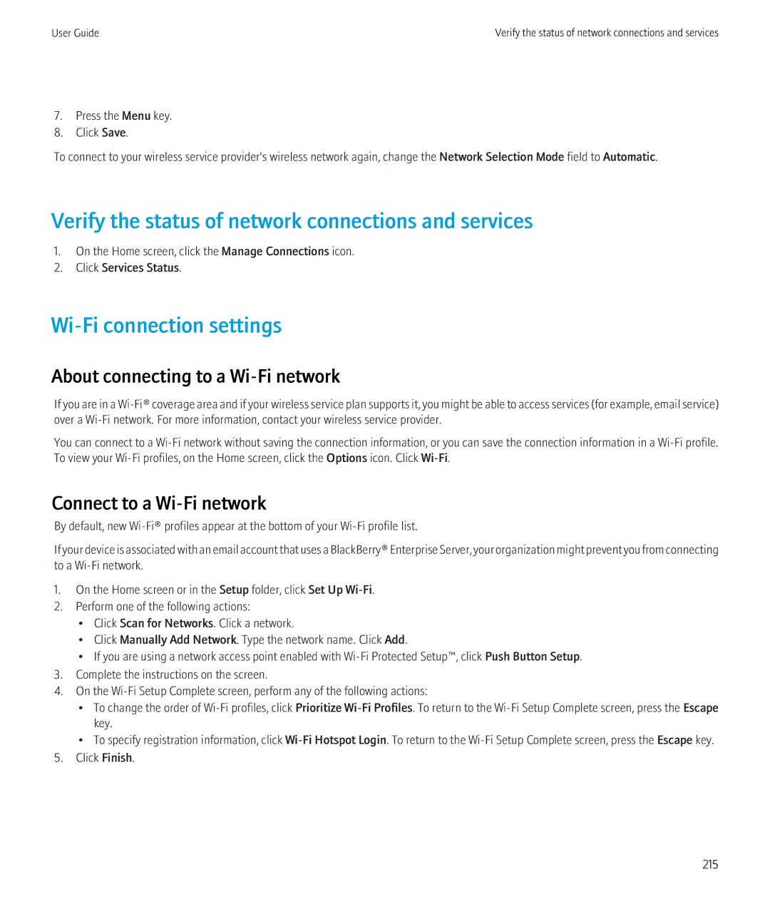 Blackberry 8520 manual Verify the status of network connections and services, Wi-Fi connection settings 