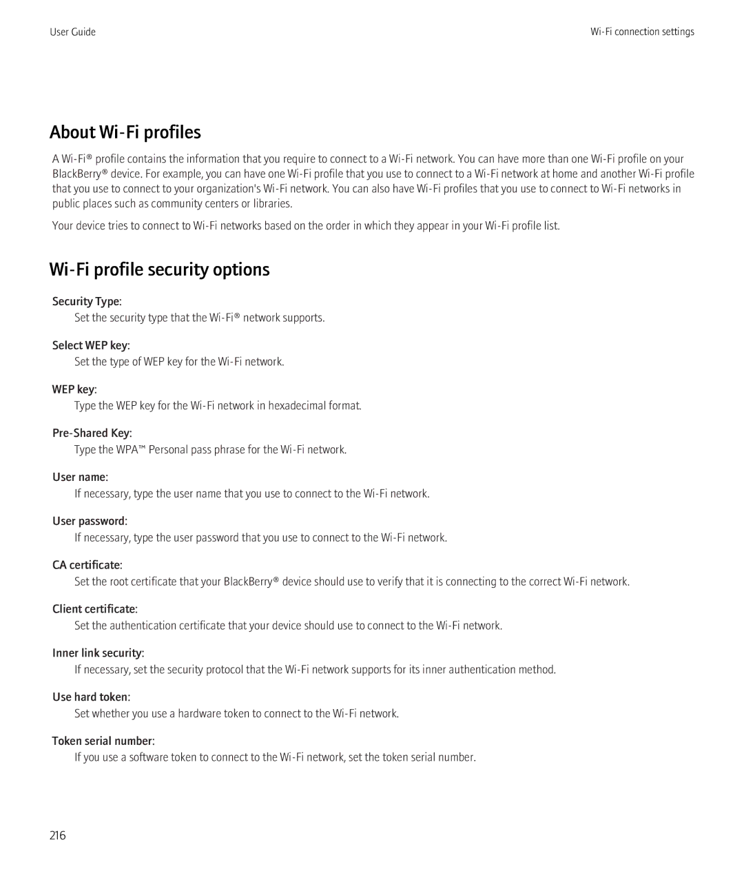 Blackberry 8520 manual About Wi-Fi profiles, Wi-Fi profile security options 