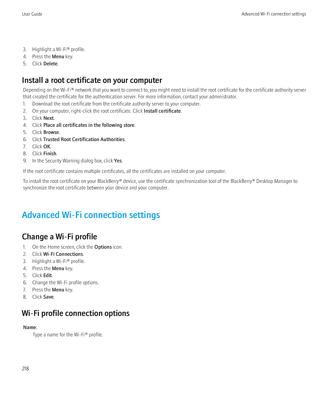 Blackberry 8520 Advanced Wi-Fi connection settings, Install a root certificate on your computer, Change a Wi-Fi profile 