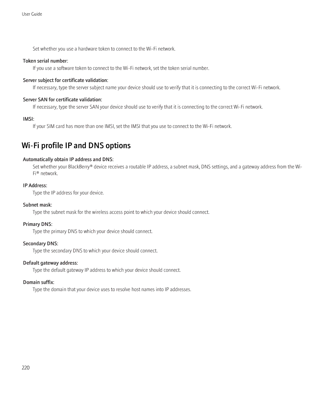 Blackberry 8520 manual Wi-Fi profile IP and DNS options 